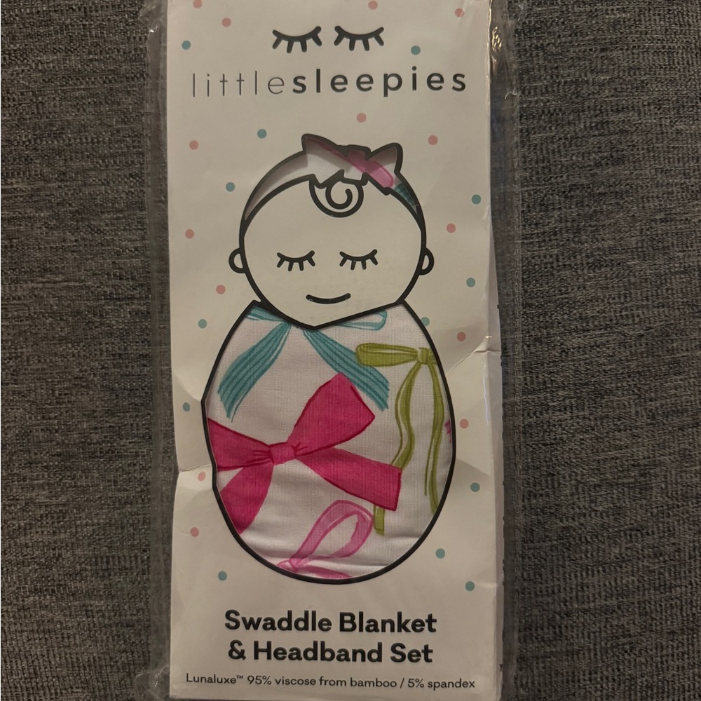 NIB Little Sleepies Swaddle Blanket & Headband Set - ribbons and bows